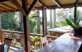 Bungalow bois dans jardin tropical vue mer et piscine